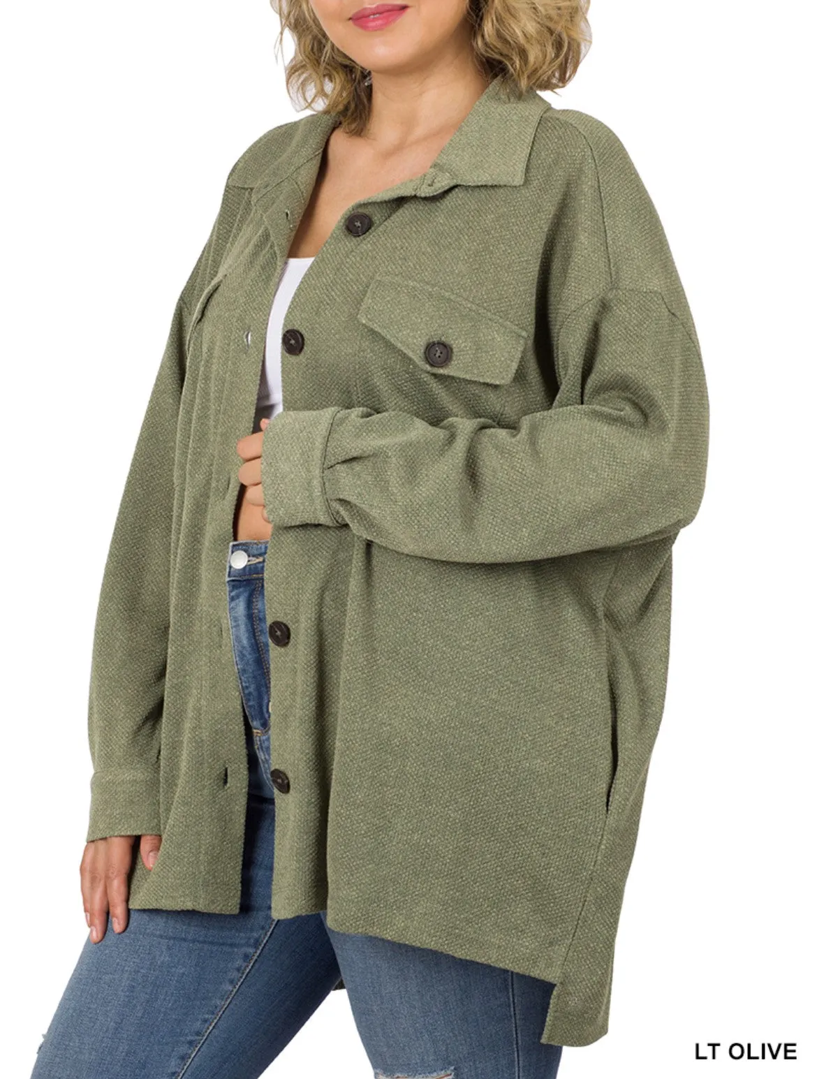 "Becca" Jacquard Oversized Shacket Lt Olive Plus Sizes