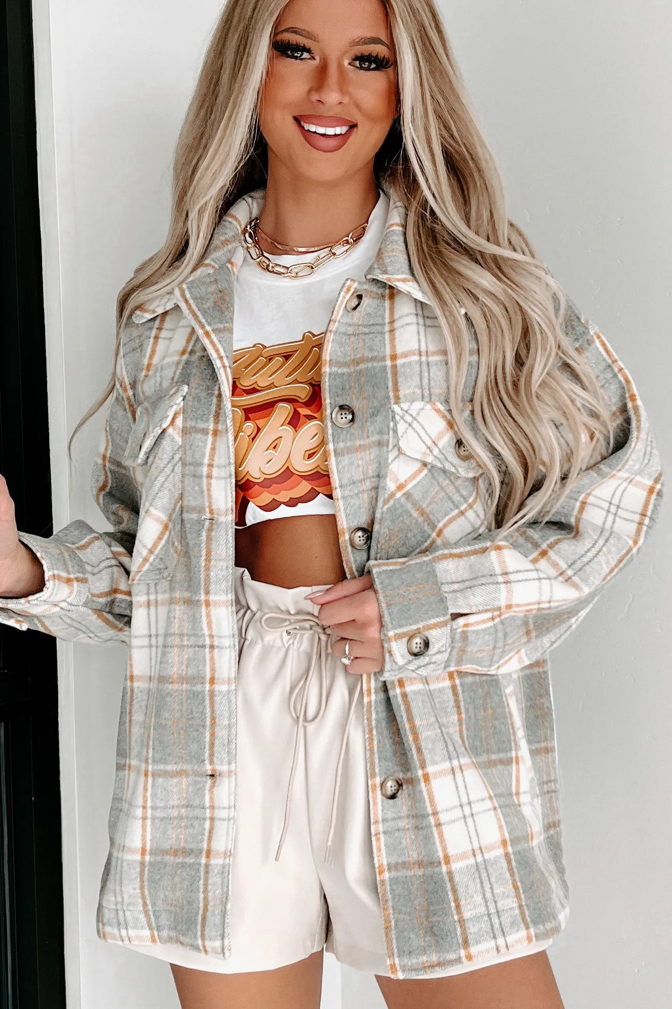 Remembered Pasts Plaid Shacket (Heather Grey)