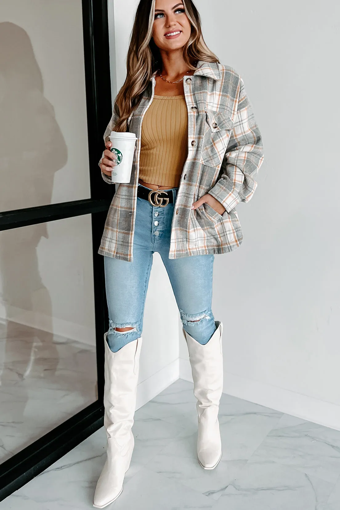 Remembered Pasts Plaid Shacket (Heather Grey)