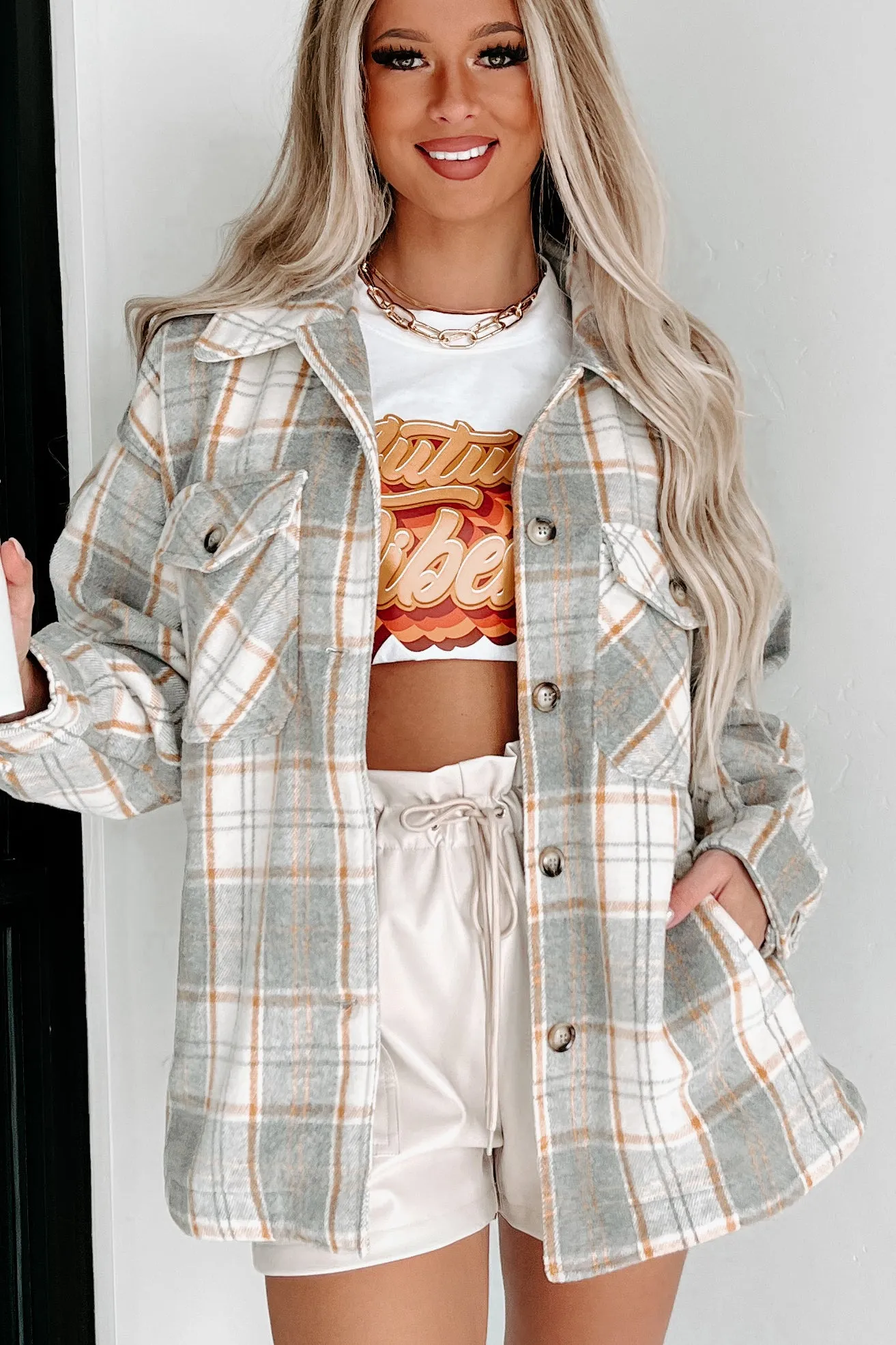 Remembered Pasts Plaid Shacket (Heather Grey)