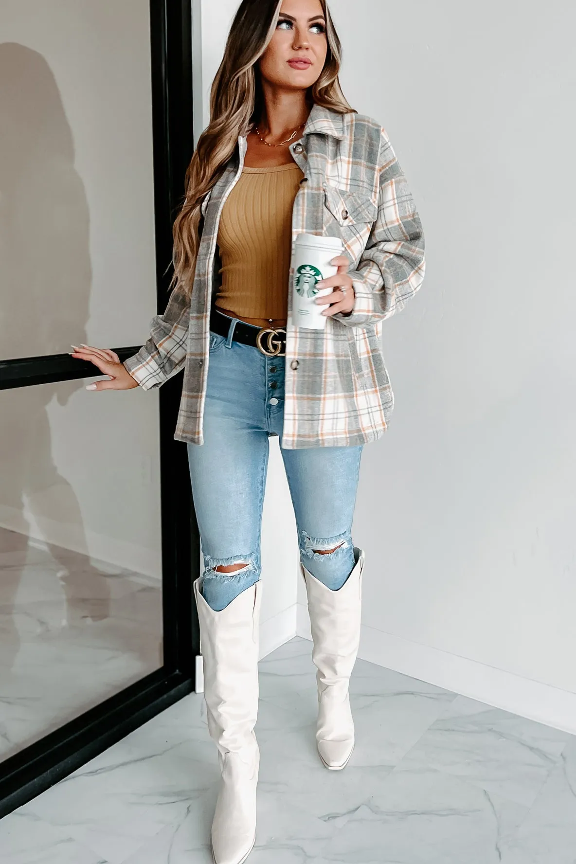 Remembered Pasts Plaid Shacket (Heather Grey)