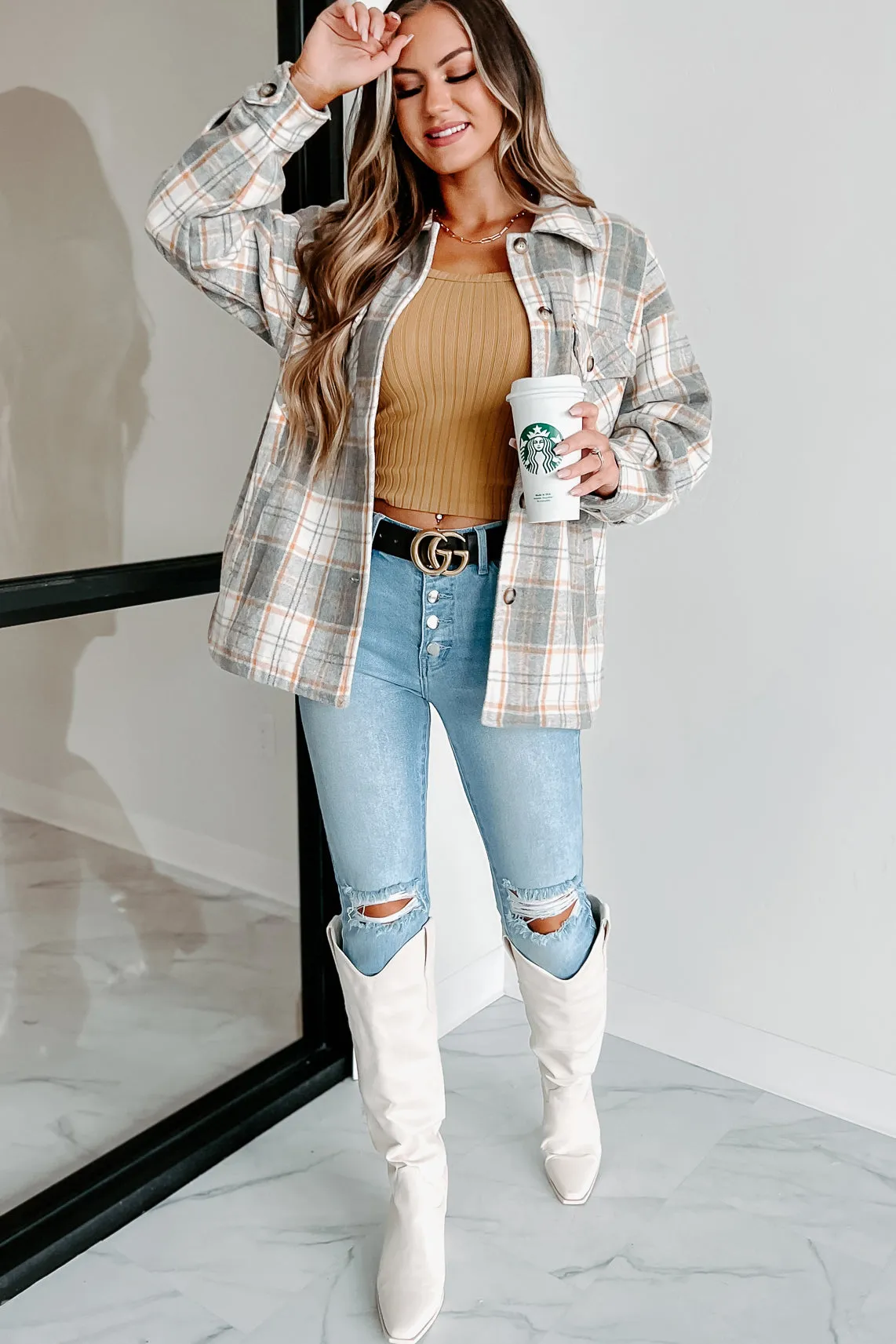 Remembered Pasts Plaid Shacket (Heather Grey)