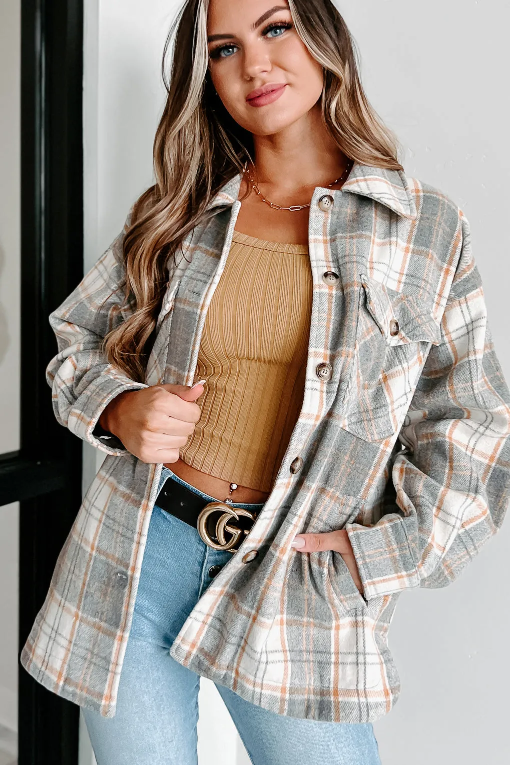 Remembered Pasts Plaid Shacket (Heather Grey)