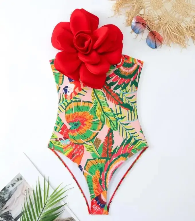 Rose Flower Swimsuit Red