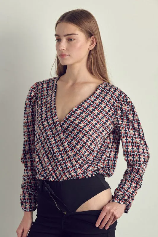 Ruched long sleeve surplice bodysuit Top