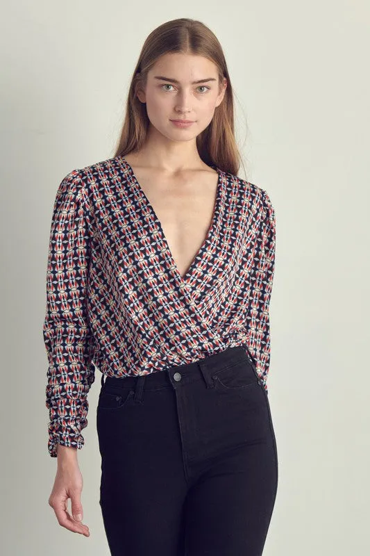 Ruched long sleeve surplice bodysuit Top
