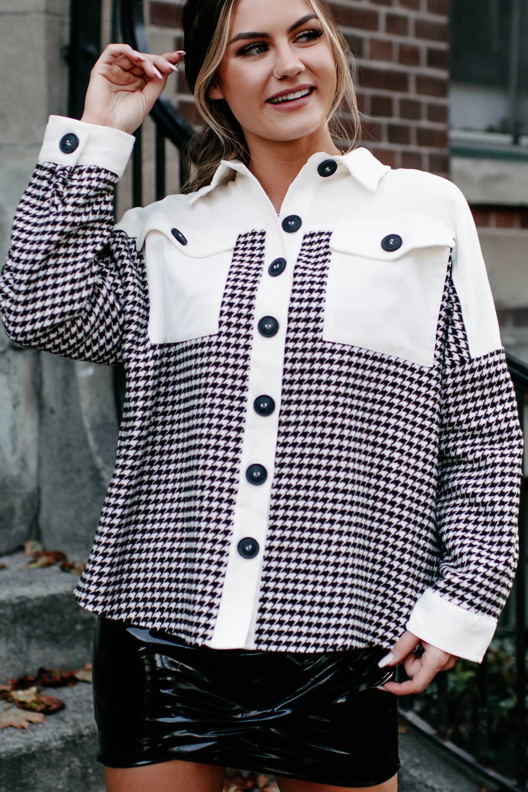 Say Anything Houndstooth Shacket (Cream Mix)