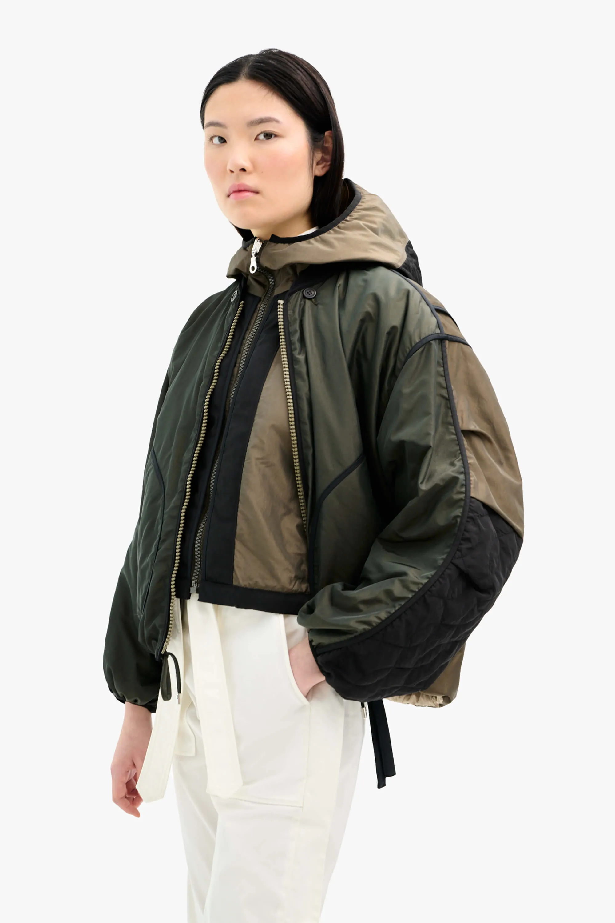 Silk Nylon Quilt Zip Hood  - Peat / Burnt Orange