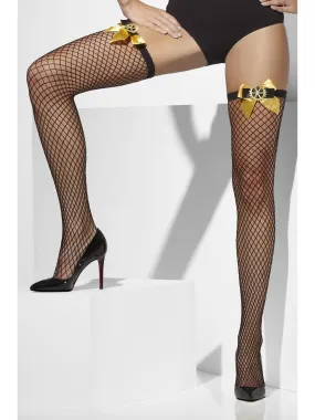 Smiffys Lattice Net Hold-Ups, Black, with Cogs and Bows - 42749