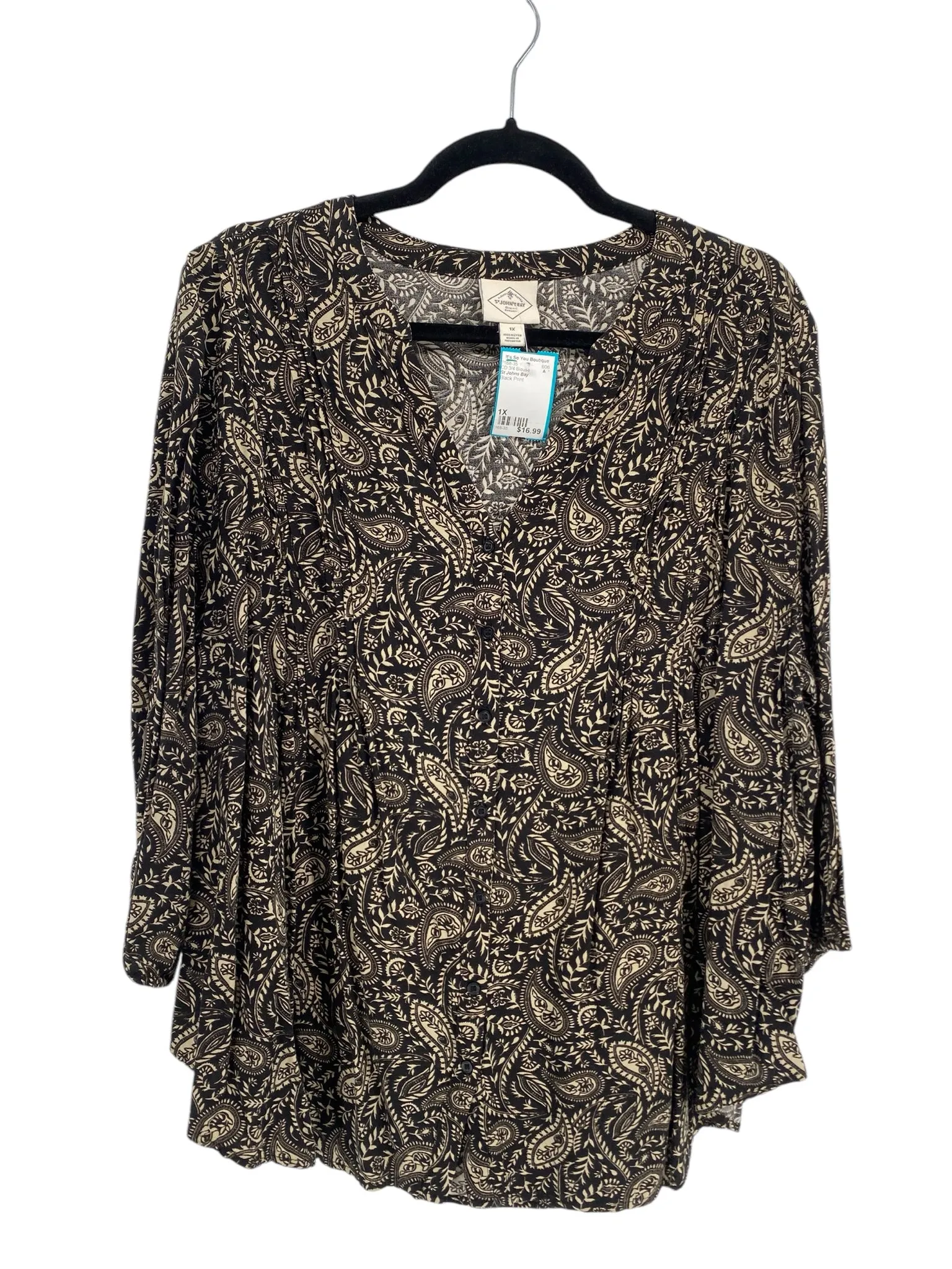 St Johns Bay Women Size 1X Black Print CD 3/4 Blouse