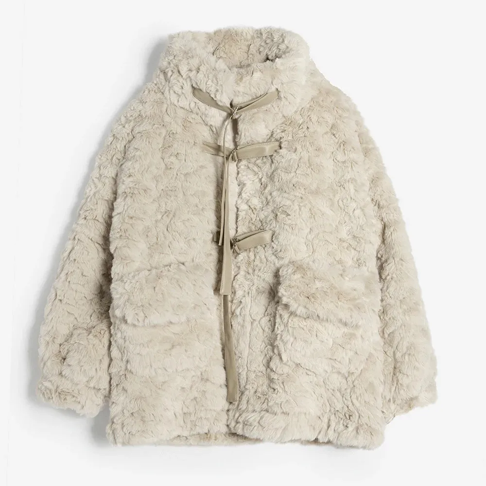 TEELYNN Faux Fur Coat Women Winter Jacket Double-Faced Rabbit Fur Vintage Long Sleeve High-Necked Pocket Warm Outwear Boho Coats