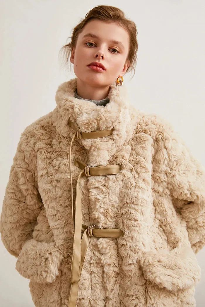 TEELYNN Faux Fur Coat Women Winter Jacket Double-Faced Rabbit Fur Vintage Long Sleeve High-Necked Pocket Warm Outwear Boho Coats