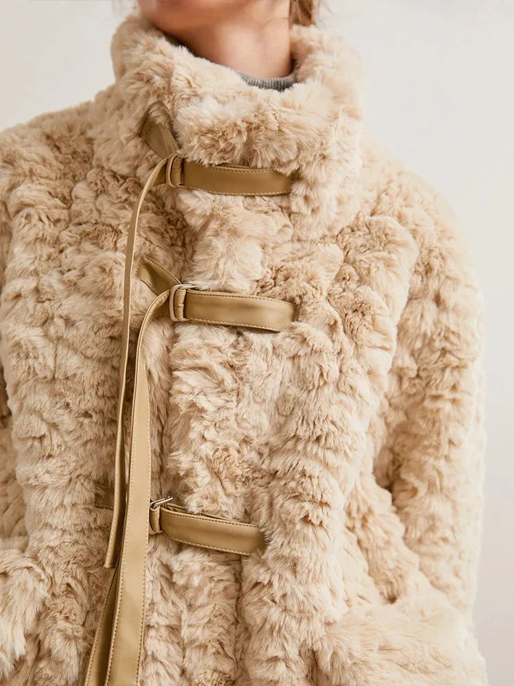 TEELYNN Faux Fur Coat Women Winter Jacket Double-Faced Rabbit Fur Vintage Long Sleeve High-Necked Pocket Warm Outwear Boho Coats