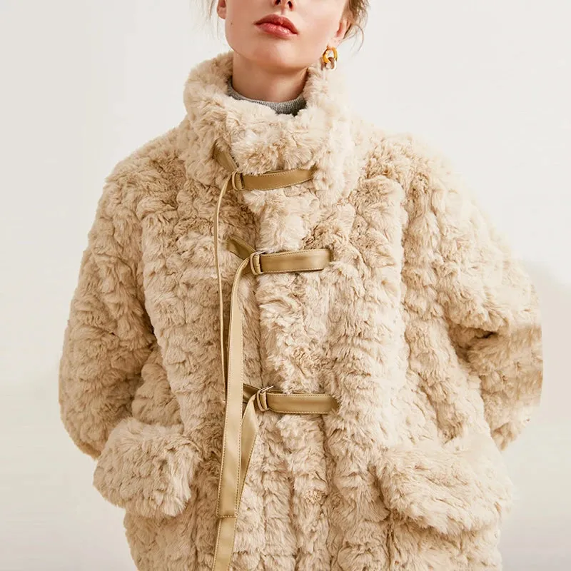 TEELYNN Faux Fur Coat Women Winter Jacket Double-Faced Rabbit Fur Vintage Long Sleeve High-Necked Pocket Warm Outwear Boho Coats
