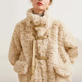 TEELYNN Faux Fur Coat Women Winter Jacket Double-Faced Rabbit Fur Vintage Long Sleeve High-Necked Pocket Warm Outwear Boho Coats
