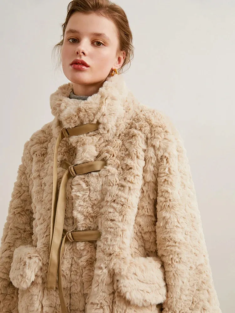 TEELYNN Faux Fur Coat Women Winter Jacket Double-Faced Rabbit Fur Vintage Long Sleeve High-Necked Pocket Warm Outwear Boho Coats