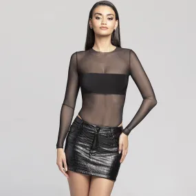Women Sexy Long Sleeve Mesh Patchwork Bodysuit